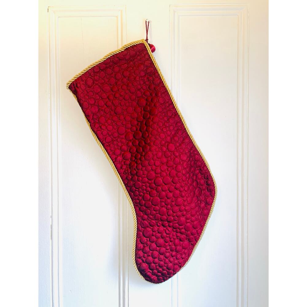 Vintage Rodeo Home Christmas Stocking Quilted Burgundy Red Gold Rope Beaded - Picture 2 of 5
